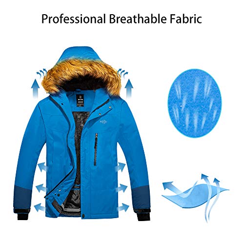 Wantdo Cazadora Trabajo Viaje Acampar Chaquetas Forro de Vellón Grueso Suave Ski Jacket Montaña Senderismo Chaquetas con Capucha Integrados con Piel para Hombre Azul Lago Claro Medium