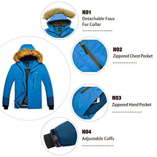 Wantdo Cazadora Trabajo Viaje Acampar Chaquetas Forro de Vellón Grueso Suave Ski Jacket Montaña Senderismo Chaquetas con Capucha Integrados con Piel para Hombre Azul Lago Claro Medium