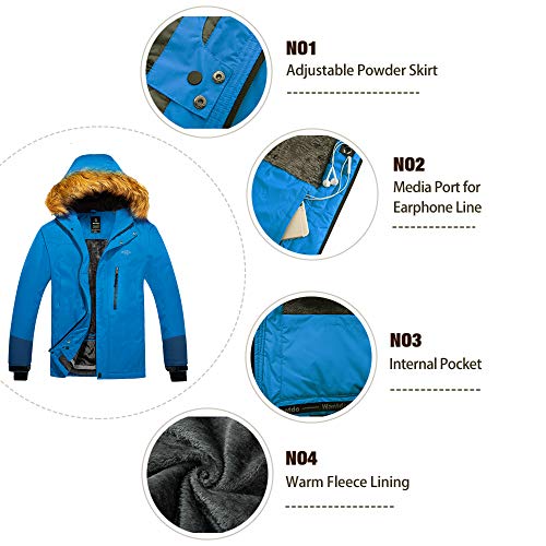 Wantdo Cazadora Trabajo Viaje Acampar Chaquetas Forro de Vellón Grueso Suave Ski Jacket Montaña Senderismo Chaquetas con Capucha Integrados con Piel para Hombre Azul Lago Claro Medium