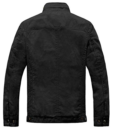 Wantdo Chaqueta Clásica al Aire Libre Cazadora Estilo Cargo Otoño Chaqueta Ligera Entretiempo Chamarra Collar de Pie Chaqueta de Algodón Casual Hombres Negro X-Large