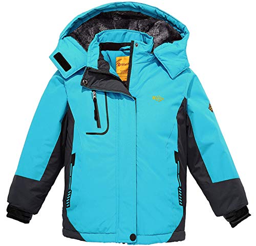 Wantdo Chaqueta de Esquí Abrigo Windbreaker Paño Suave Parka Resistente al Agua para Acampar Viajar Chaqueta de Bolsillos Múltiples Cremallera para Niñas Azul Saboya Claro 152-158