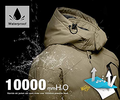 Wantdo Chaqueta de Esquí Impermeable Montaña Abrigo Windbreaker Paño Grueso Suave Chaqueta de Bolsillos Múltiples Cremallera Parka Resistente al Agua para Acampar Viajar para Hombre Caqui X-Large