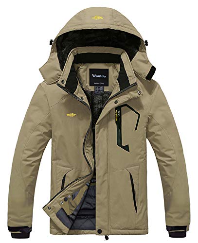 Wantdo Chaqueta de Esquí Impermeable Montaña Abrigo Windbreaker Paño Grueso Suave Chaqueta de Bolsillos Múltiples Cremallera Parka Resistente al Agua para Acampar Viajar para Hombre Caqui X-Large