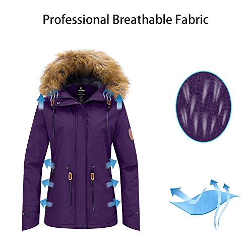 Wantdo Chaqueta de Montaña de Senderismo Abrigo de Invierno Aislada con Vellón Chaqueta Capucha con Pelo a Prueba de Viento Parka Snowboard de Esquí Exteriores para Mujer Púrpura Oscuro Medium