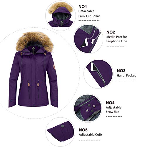 Wantdo Chaqueta de Montaña de Senderismo Abrigo de Invierno Aislada con Vellón Chaqueta Capucha con Pelo a Prueba de Viento Parka Snowboard de Esquí Exteriores para Mujer Púrpura Oscuro Medium