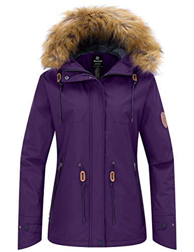 Wantdo Chaqueta de Montaña de Senderismo Abrigo de Invierno Aislada con Vellón Chaqueta Capucha con Pelo a Prueba de Viento Parka Snowboard de Esquí Exteriores para Mujer Púrpura Oscuro Medium