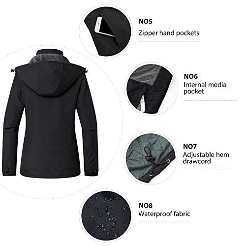 Wantdo Chaqueta de Senderismo Deportiva Invierno Chaqueta de Esquí Antiviento Impermeable Parka Cálida Forro Polar con Capucha Abrigo de Lana para Exteriores para Mujer Negro X-Large