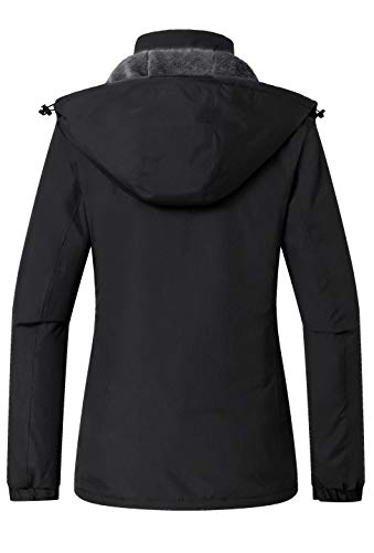 Wantdo Chaqueta de Senderismo Deportiva Invierno Chaqueta de Esquí Antiviento Impermeable Parka Cálida Forro Polar con Capucha Abrigo de Lana para Exteriores para Mujer Negro X-Large