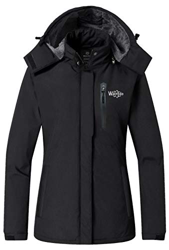 Wantdo Chaqueta de Senderismo Deportiva Invierno Chaqueta de Esquí Antiviento Impermeable Parka Cálida Forro Polar con Capucha Abrigo de Lana para Exteriores para Mujer Negro X-Large