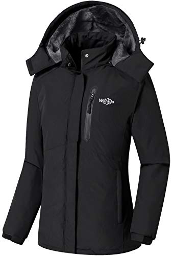 Wantdo Chaqueta de Senderismo Deportiva Invierno Chaqueta de Esquí Antiviento Impermeable Parka Cálida Forro Polar con Capucha Abrigo de Lana para Exteriores para Mujer Negro X-Large