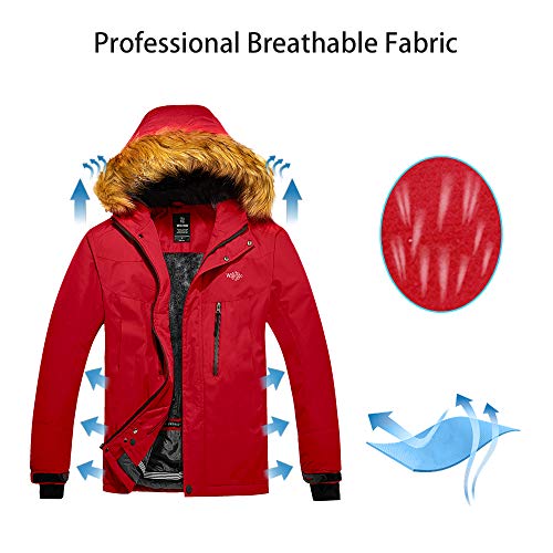 Wantdo Chaqueta de Senderismo Deportiva Invierno Parka Cálida Forro Polar con Capucha Chaqueta de Esquí Antiviento Resistente al Agua Abrigo de Lana para Exteriores para Hombre Rojo Large