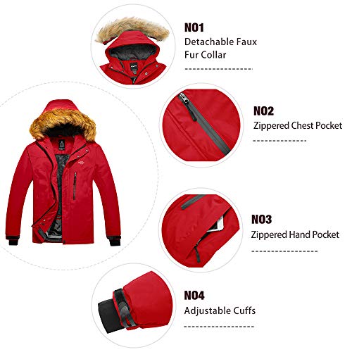 Wantdo Chaqueta de Senderismo Deportiva Invierno Parka Cálida Forro Polar con Capucha Chaqueta de Esquí Antiviento Resistente al Agua Abrigo de Lana para Exteriores para Hombre Rojo Large