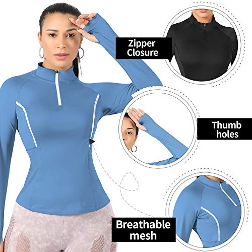 WOWENY Top de Running Ligero con Cremallera de 1/4 para Mujer, Camisetas de Manga Larga con protección Solar UPF 50+, Camisetas de Senderismo al Aire Libre para Ciclismo (Azul, S)