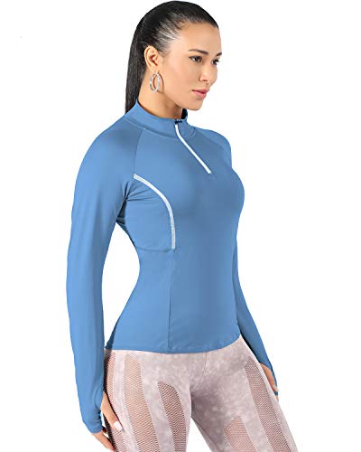 WOWENY Top de Running Ligero con Cremallera de 1/4 para Mujer, Camisetas de Manga Larga con protección Solar UPF 50+, Camisetas de Senderismo al Aire Libre para Ciclismo (Azul, S)