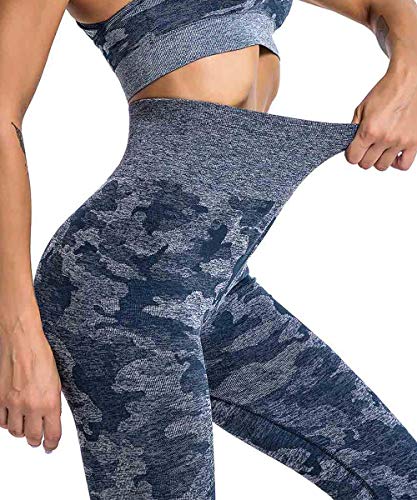 Yaavii Pantalones de Yoga de Camuflaje de Cintura Alta para Mujeres Gimnasio Deportivo Elástico Running Entrenamiento Abdomen Caderas Leggings Azul S