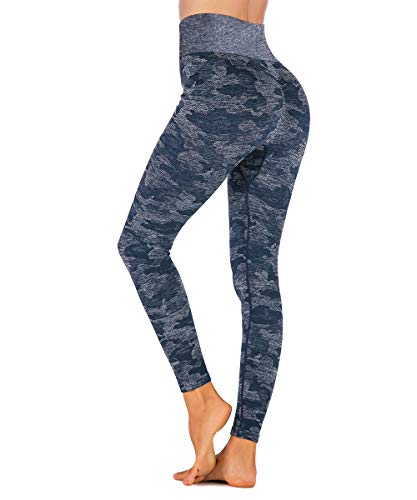 Yaavii Pantalones de Yoga de Camuflaje de Cintura Alta para Mujeres Gimnasio Deportivo Elástico Running Entrenamiento Abdomen Caderas Leggings Azul S