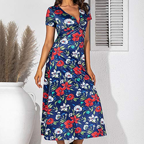 YANFANG Verano Moda Mujer Impresión Vestido de una Pieza Vestido Largo con Flores,con Estampado de Flores, Vestido de Playa,Red,L