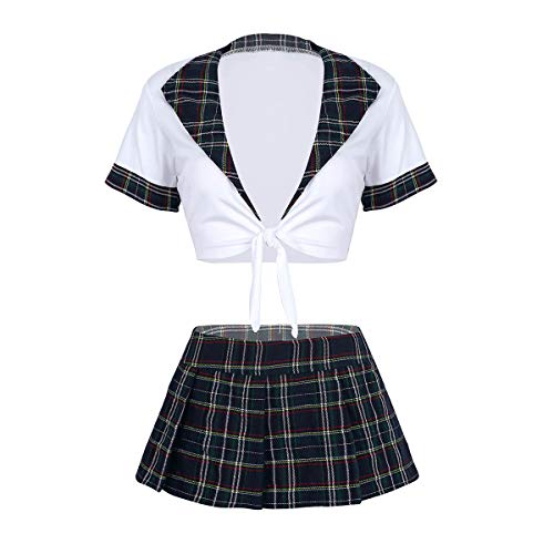 Yeahdor Disfraz de Esuela Japónes para Mujer Costume Cosplay Carnaval Uniforme de Colegiala Conjuntos de Vestido Blusa Falda Patrón de Cuadros Minifalda Escocesa Azul Marino y Blanco M