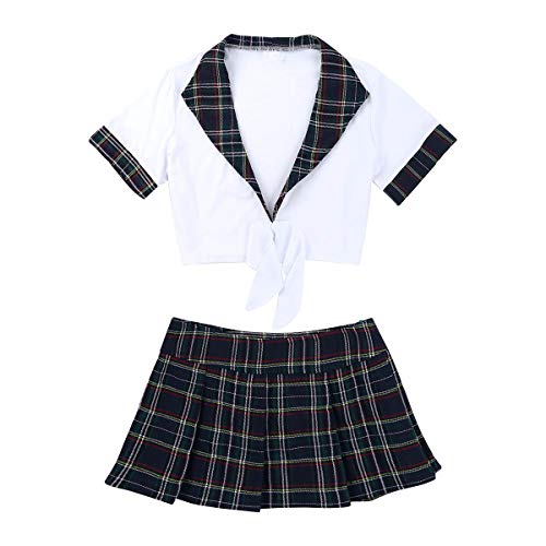 Yeahdor Disfraz de Esuela Japónes para Mujer Costume Cosplay Carnaval Uniforme de Colegiala Conjuntos de Vestido Blusa Falda Patrón de Cuadros Minifalda Escocesa Azul Marino y Blanco M