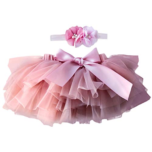 YONKINY Tulle Ballet Tutu Corta para Niñas+Venda Falda Capas Tul De Volantes Princesa para Danza Fiesta Boda Cumpleaños Fotografía (Rosa Oscuro, Tallas S para 0 a 6 Meses)