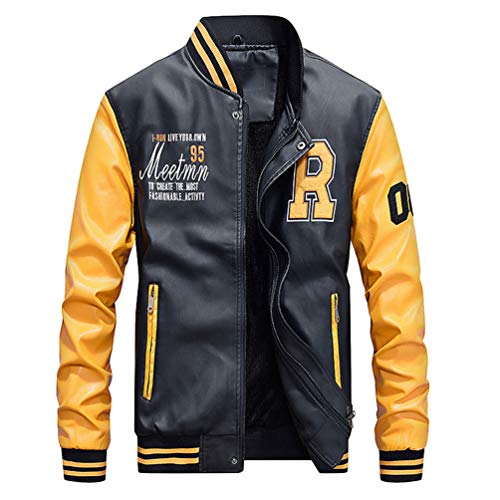 YuanDian Hombre Béisbol Chaqueta De Imitacion Cuero Otoño Invierno Casual Vintage Bordado Bomber Aviador Baseball Jacket Polipiel Casaca Piel Sintetica Chamarra Cazadora Amarillo + Negro 2XL