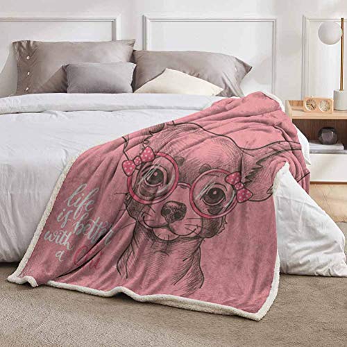 YUAZHOQI Manta para perro, niña Chihuahua, dibujo ilustración con cita de gafas, cintas para cachorro, manta para cama de 60 pulgadas x 80 pulgadas, rosa pálido, verde militar