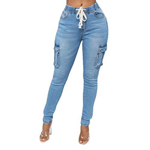 Yying Mujer Pantalones Mezclilla Elasticos Skinny Jeans Vaqueros Cintura Alta Cordón Jeans Slim Fit Pantalones Lápiz Suelto Linterna Jeans con Lado Bolsillos