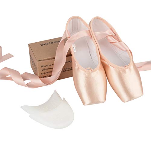 Zapatos de Punta Satén Zapatillas de Ballet con Puntera de Gel de Silicona y Cintas para Mujeres y Niñas 39