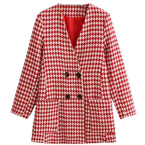 ZHD Mujer Invierno Rebajas Elegantes Talla Grande Chaqueta Los llenos de la Manga de la Tela Escocesa Doble de Pecho Abrigo de Lana Chaqueta de Cuadros de Invierno Outwear,Rojo,S