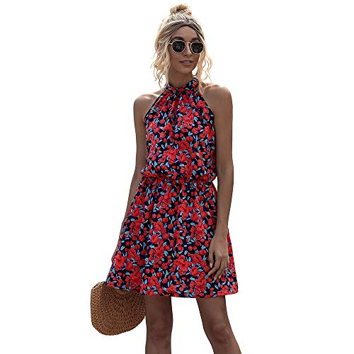 ZWH 2020 estación Independiente de Primavera y Verano Ebay Amazon Hot Sexy Cuello Cuello Colgante Midd Flower Print Vestido Falda Corta Original (Color : Navy Blue, Size : XL)