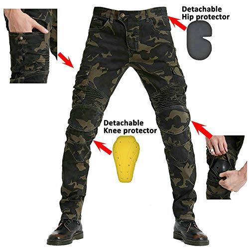 ZZJCY Anti-Caída Vaqueros Montar Moto Hombre, Carreras Motocross Caballero Pantalones Largos con Desmontable Rodilla, Cadera Y Almohadilla, Cremallera Y Cierre Botón, Suelto Y Cómodo,Camuflaje,M