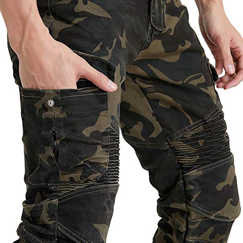 ZZJCY Anti-Caída Vaqueros Montar Moto Hombre, Carreras Motocross Caballero Pantalones Largos con Desmontable Rodilla, Cadera Y Almohadilla, Cremallera Y Cierre Botón, Suelto Y Cómodo,Camuflaje,M