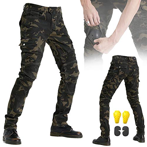 ZZJCY Anti-Caída Vaqueros Montar Moto Hombre, Carreras Motocross Caballero Pantalones Largos con Desmontable Rodilla, Cadera Y Almohadilla, Cremallera Y Cierre Botón, Suelto Y Cómodo,Camuflaje,M