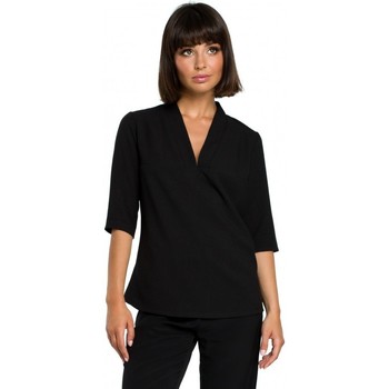 Be Blusa B090 Top liso con cuello de pico y lino - negro