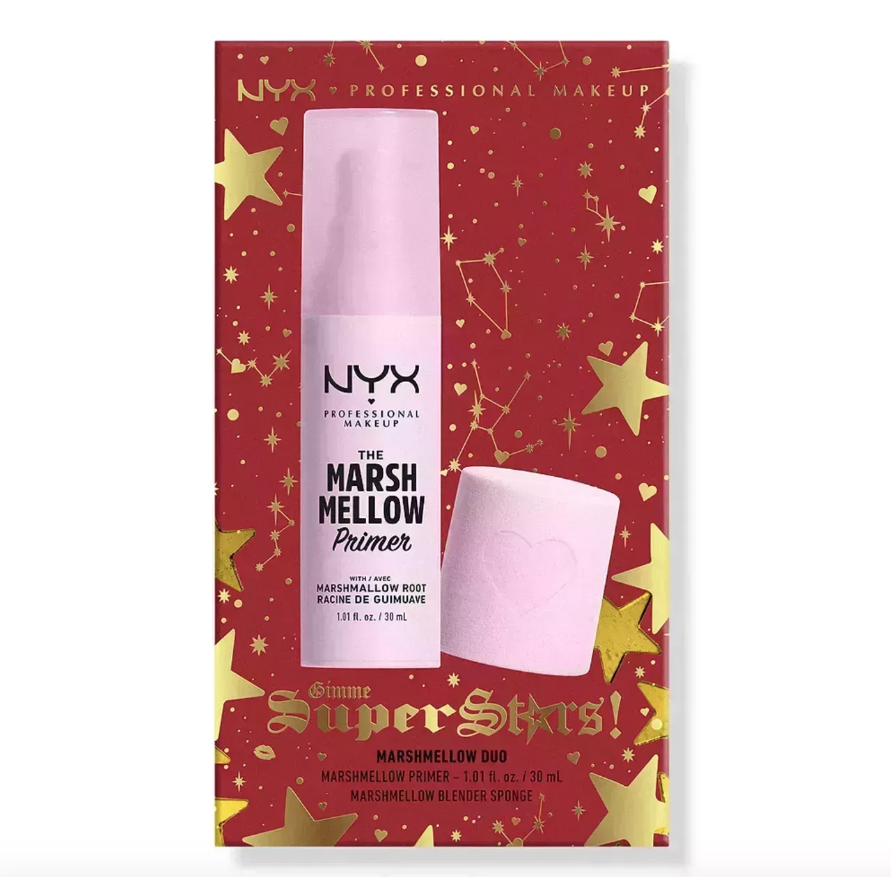 NYX Professional Makeup Gimmie Super Stars! Marshmellow Smoothing Primer & Sponge Holiday Kit on white background