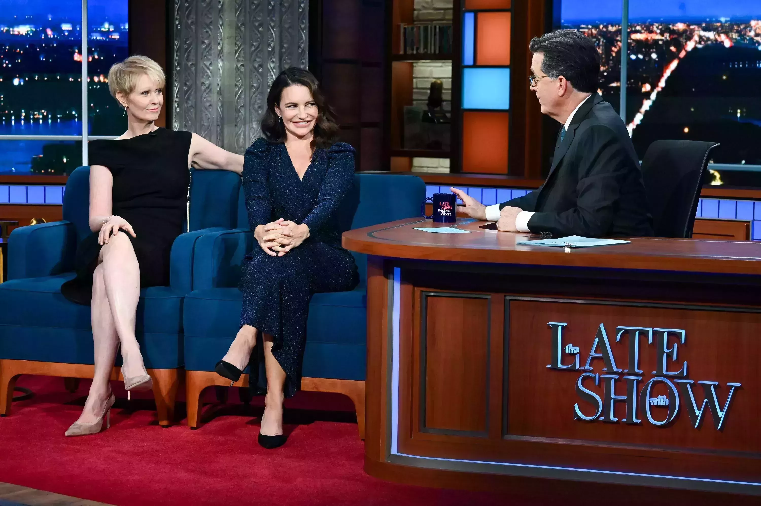 new york december 7 the late show with stephen colbert and guest kristin davis cynthia nixon during tuesdays december 7, 2021 show photo by scott kowalchykcbs via getty images