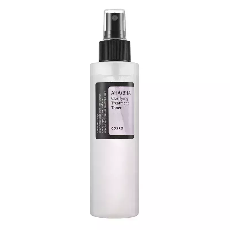 A spray bottle of the Cosrx AHA/BHA Clarifying Treatment Toner on a white background