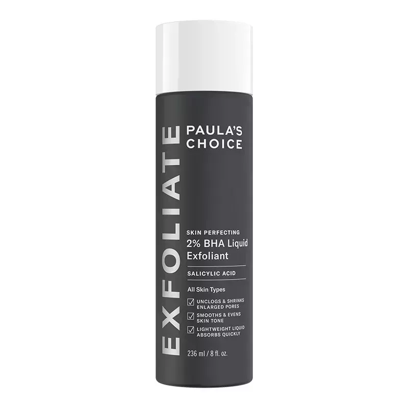 A grey eight-ounce bottle of the Paula's Choice Skin Perfecting 2% BHA Liquid Exfoliant on a white background