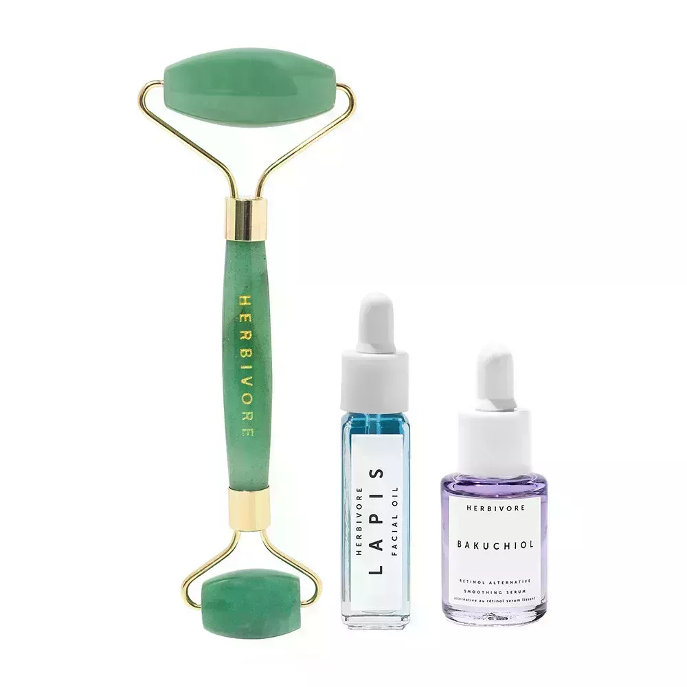 Herbivore Jade Roller Smoothing Skin Trio on white background