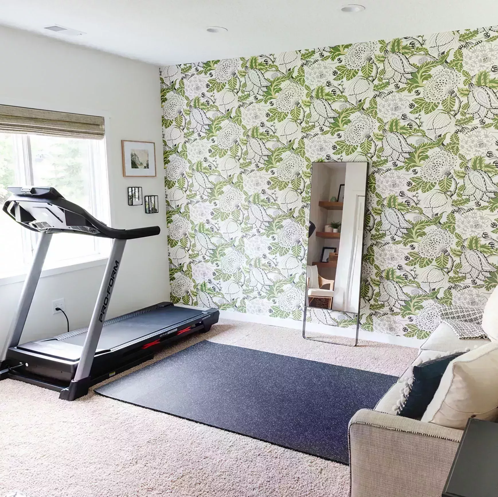 home gym ideas, home gym with floral wallpaper