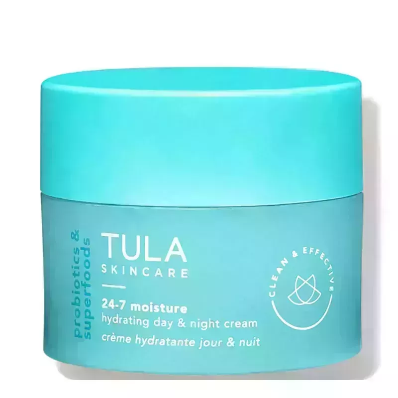 A blue jar of the Tula Skincare 247 Moisture Hydrating Day Night Cream on a white background