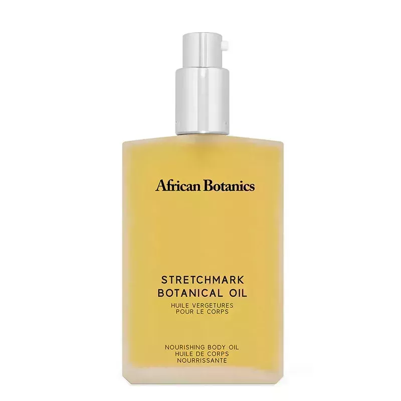 A glass bottle of the African Botanics Marula Stretchmark Botanical Body Oil on a white background