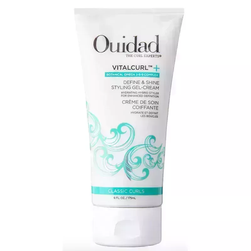 A blue and white tube of the Ouidad VitalCurl Define Shine Curl Styling Gel-Cream on a white background