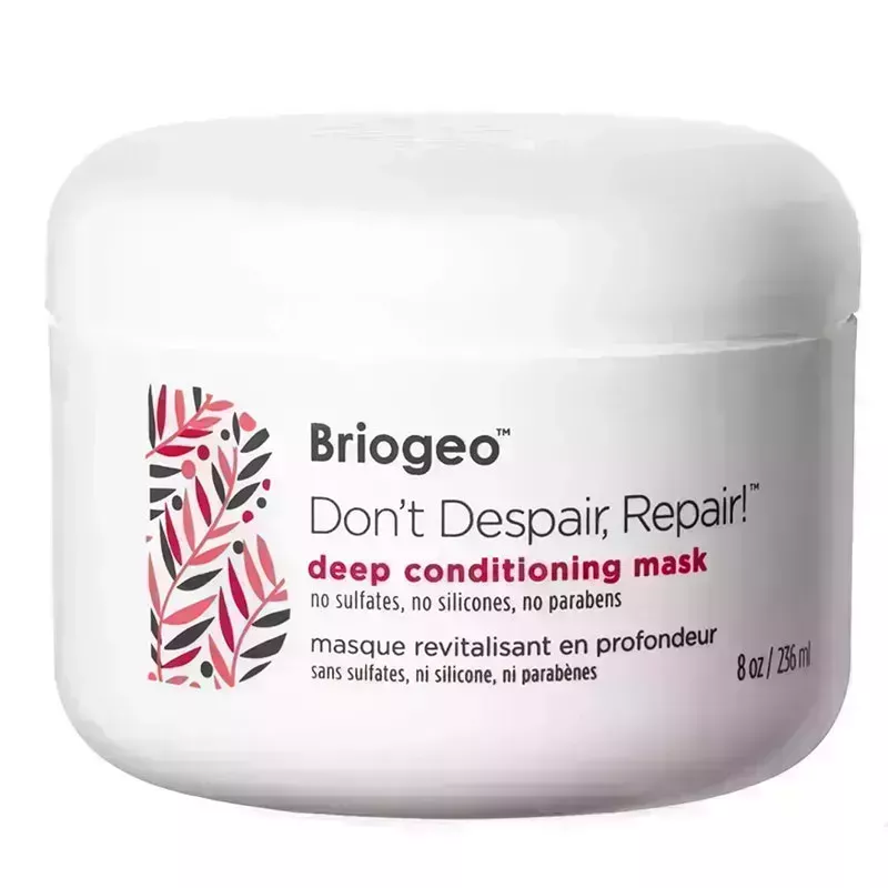 A white and pink tub of the Briogeo Don't Despair Repair Deep Conditioning Mask on a white background