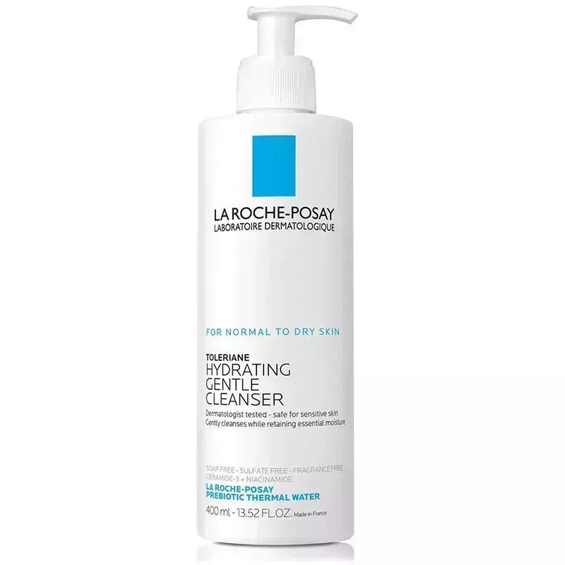 A white and blue La Roche-Posay Toleriane Hydrating Gentle Cleanser on a white background