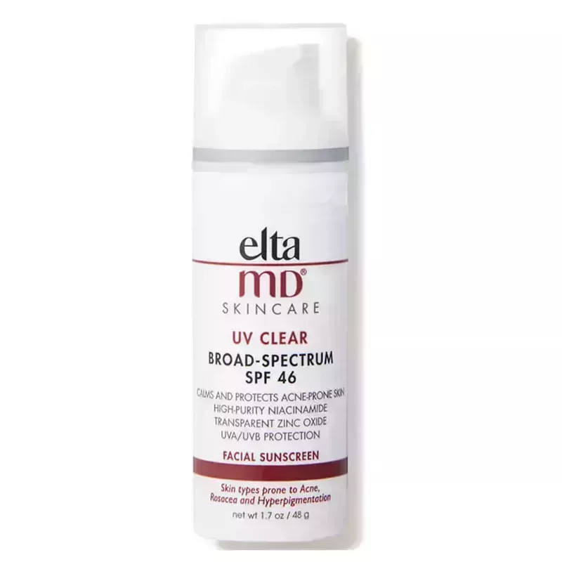 A white and red bottle of the EltaMD UV Clear Broad-Spectrum SPF 46 on a white background