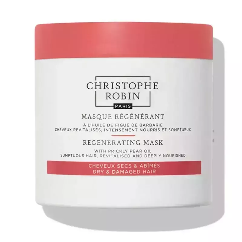 A white and pink tub of the Christophe Robin Regenerating Mask on a white background