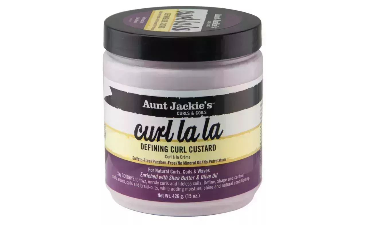 tub of purple Aunt Jackie's Curl La La Curl Custard with a black lid on a white background