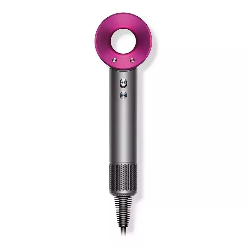 Dyson Supersonic Hair Dryer fuchsia and nickel round hair dryer on white background