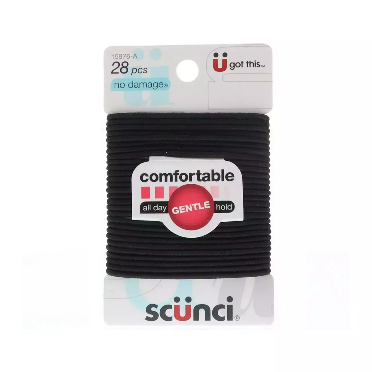 Scunci No Damage Gentle Hold Elastics 28 pack of black elastics on white background